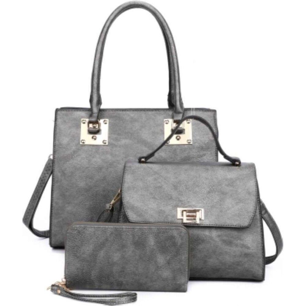 Pewter Women Fashion Handbags Wallet Tote Bag Top Handle Satchel Purse Set 3pcs
